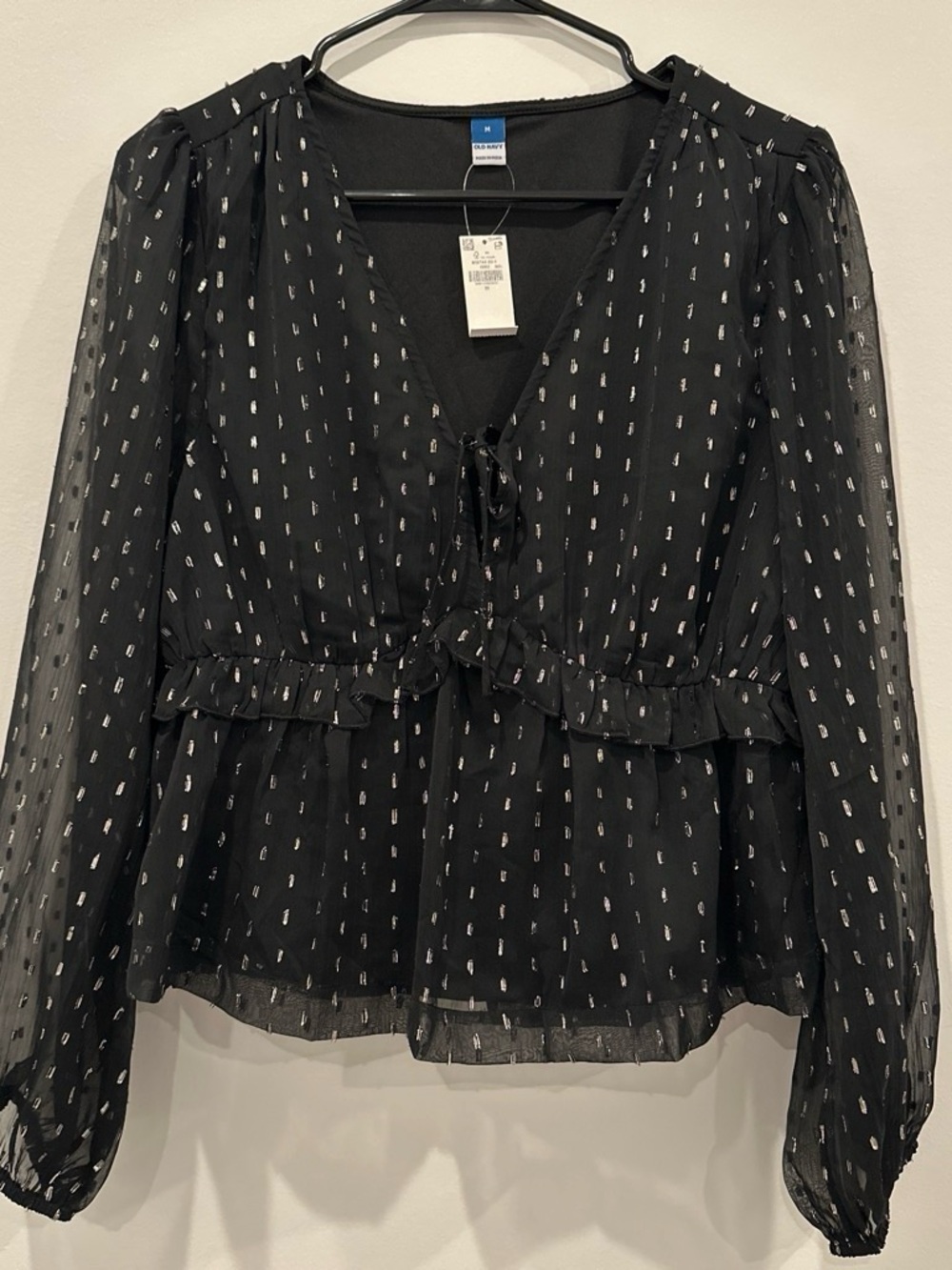 Old Navy Black Sheer Peplum Tie-Front Blouse with Metallic Dots